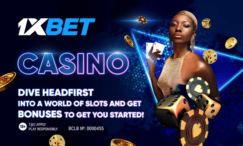 Promotional image for 1XBET Casino featuring a woman holding cards, floating dice, and casino chips. Text: "Dive headfirst into a world of slots and claim your welcome bonus to get you started!