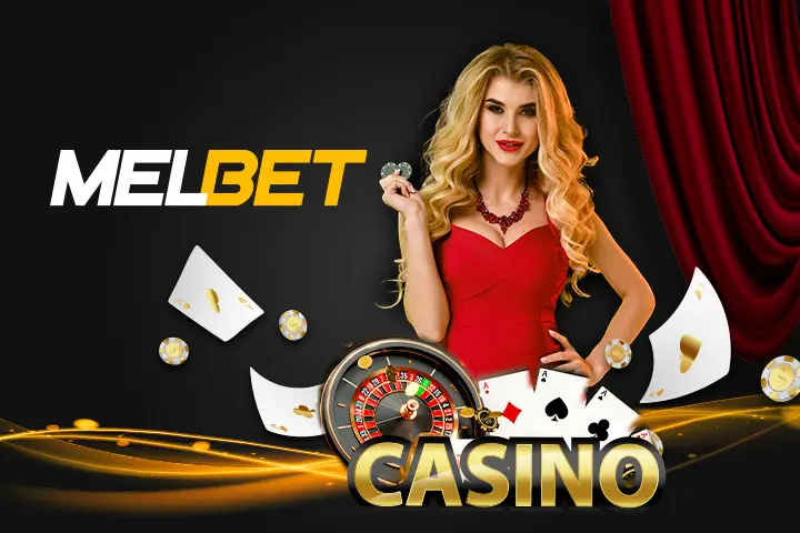 A woman in a red dress holds poker chips near a roulette wheel, playing cards, and casino elements with the text "MELBET CASINO" in the background, enticing players with an irresistible welcome bonus.