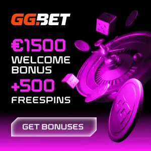 GGBet advertisement offering a €1500 welecom bonus and 500 free spins with the text "Get Bonuses" and an image of a roulette wheel and casino chips.