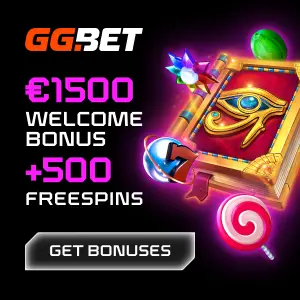 A promotional image for GG Bet offers a €1500 welecom bonus and 500 free spins. The background features vibrant gaming-related graphics. A "Get Bonuses" button is at the bottom.