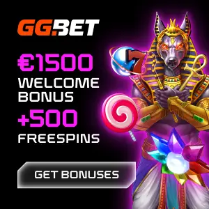 Advertisement for GG Bet featuring a colorful, Egyptian-themed character. Text reads: "€1500 Welecom Bonus +500 Free Spins." Button labeled "Get Bonuses" is at the bottom.