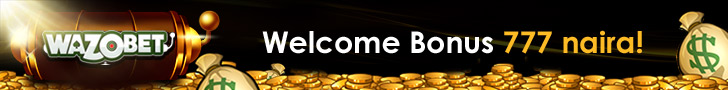 A banner with the Wazobet logo, text reading "Welcome Bonus 777 naira!", gold coins, and dollar signs on a black background.