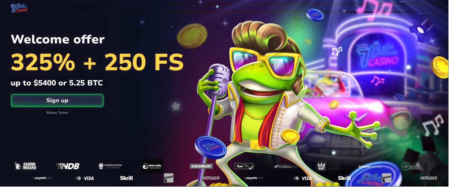 A cartoon frog in sunglasses and a suit holds a microphone on a casino-themed website offering a 325% bonus and 250 free spins as a welcome offer, with sign-up and payment options displayed.