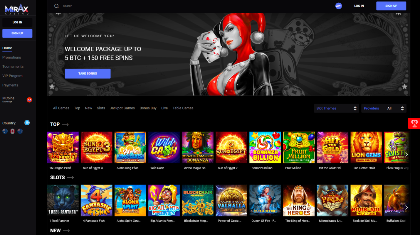 Screenshot of an online casino website featuring a welcome offer, a cartoon woman in red and black, and a grid of colorful slot game icons.