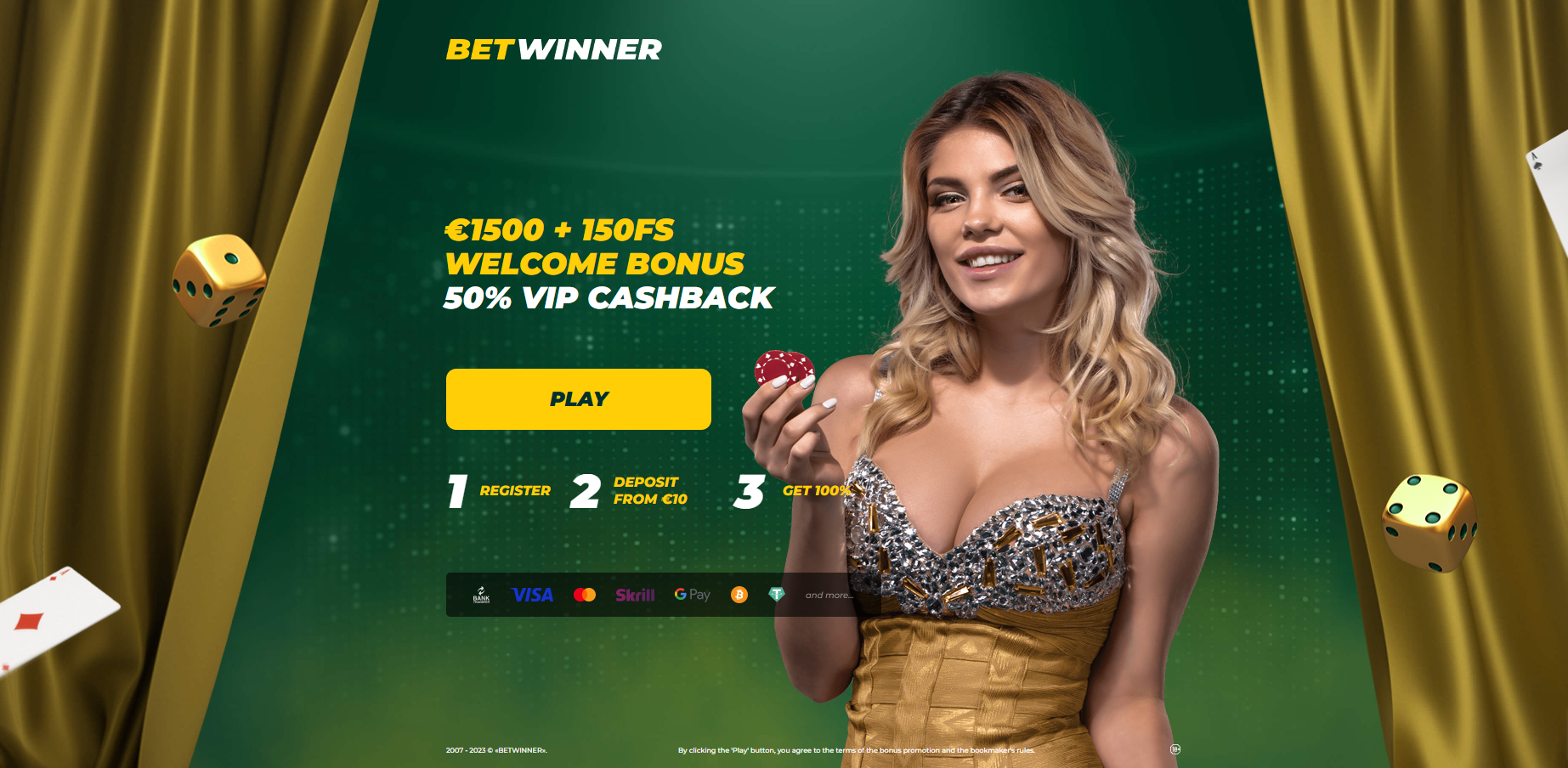 A woman in a gold dress holds a red die, promoting a casino welcome bonus offer; "Betwinner" logo and registration steps are displayed, with dice and playing cards in the background.