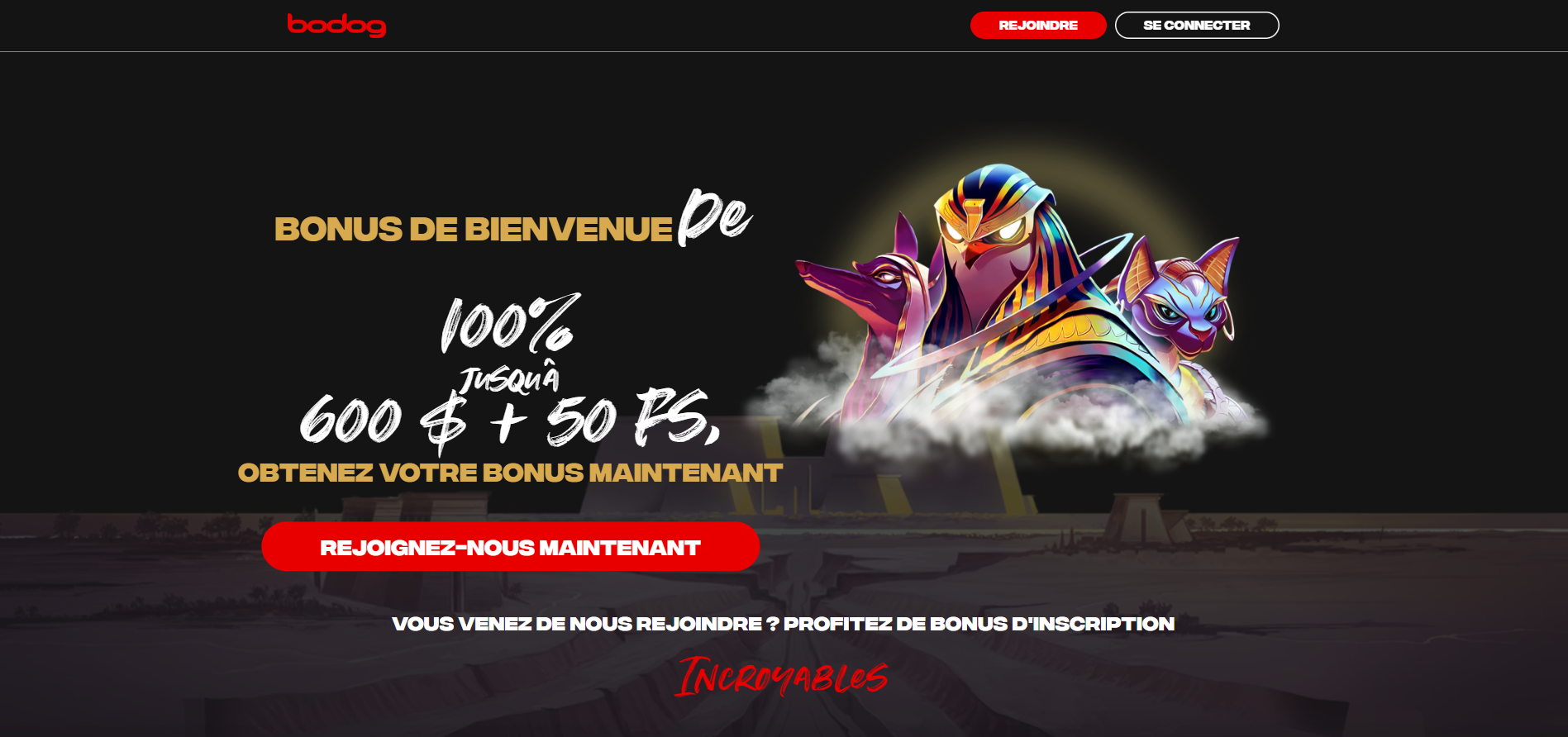 A promotional banner for Bodog offering a welcome bonus of 100% up to $600 plus 50 free spins, with colorful animal-themed graphics and red call-to-action buttons.