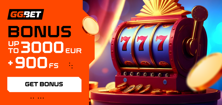 Orange GGbet ad offering a bonus up to 3000 EUR plus 900 free spins, alongside an image of a slot machine showing triple sevens and scattered gold coins.