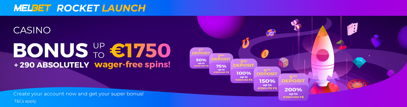 Promotional banner for Melbet Rocket Launch casino bonus, offering up to €1750 and 290 wager-free spins, with deposit tiers and a rocket-themed design.