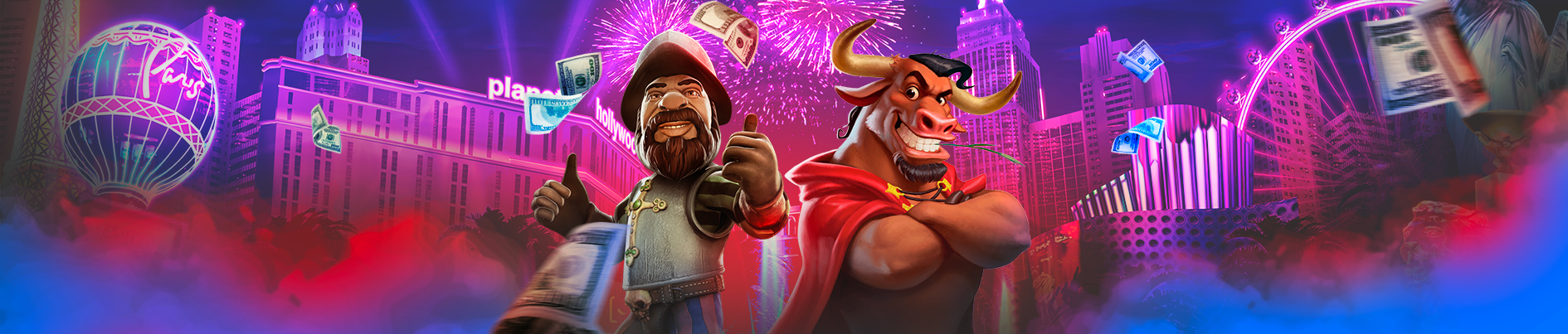 Animated characters, a bearded man and an anthropomorphic bull, stand in front of neon-lit city buildings with fireworks and floating money in the background.