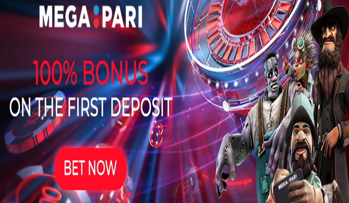 Casino promotion banner for MegaPari featuring animated characters, a roulette wheel, and text highlighting a 100% welecom bonus on your first deposit, plus a bold "Bet Now" button.