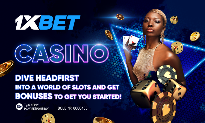 A woman holding playing cards is surrounded by casino elements like dice and chips, with 1xbet Casino promotional text offering exciting bonuses for new players.